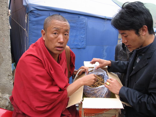 正在虫草交易的僧人