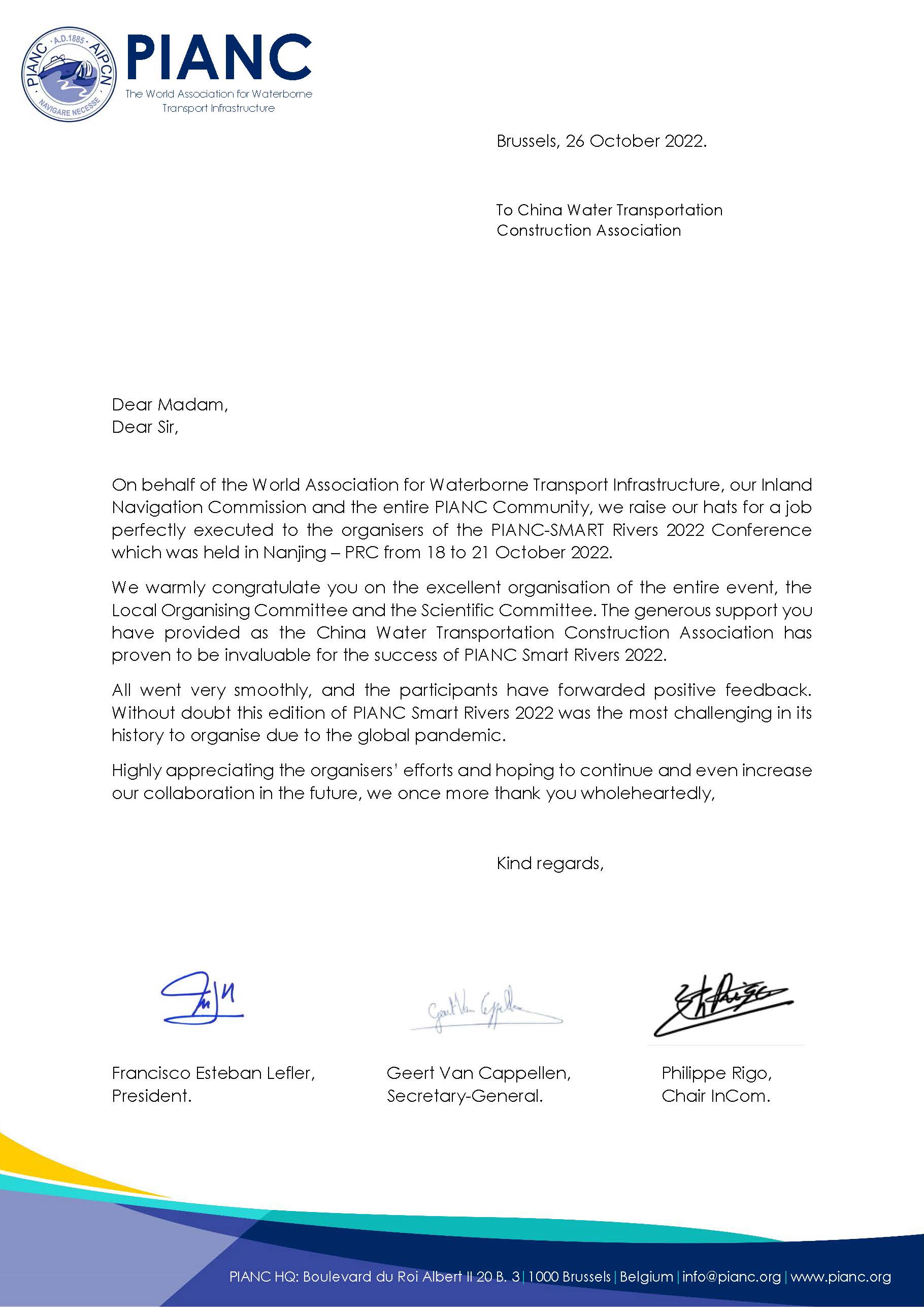 Letter of Thanks_  PIANC-SMART Rivers 2022 to China Water Transportation Construction Association.jpg